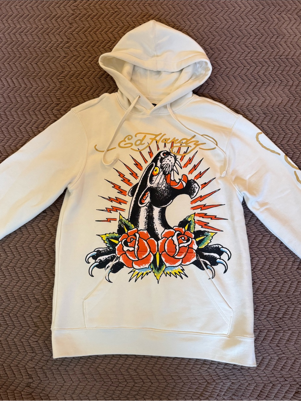 Ed Hardy White Hoodie with Black Panther and Orange Rose Graphic